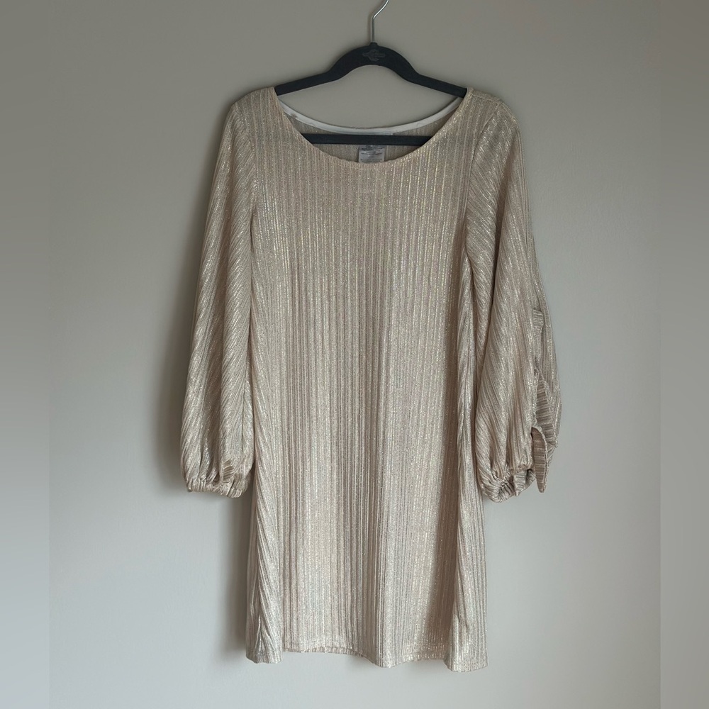 Bonnie Jean Girls Gold Shimmer Dress Long Sleeve Open Tie Sleeve Size 10 Holiday